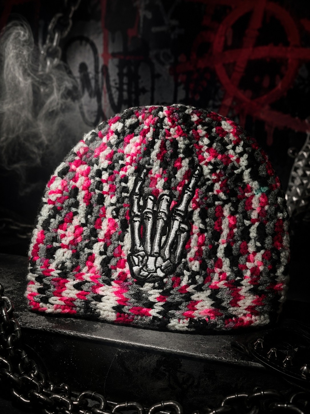 Adult Beanie with Skeleton Hand Patch - Pink/Black/White